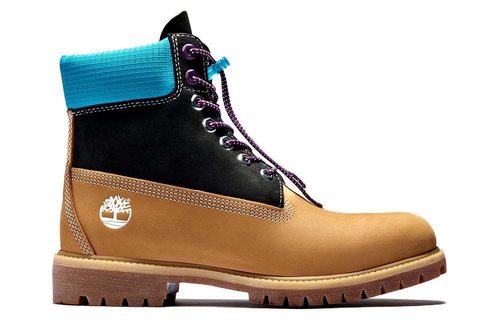 Timberland Premium 6 Inch Waterproof Boots Wheat Nubuck With Black And Blue Collar - Image 2