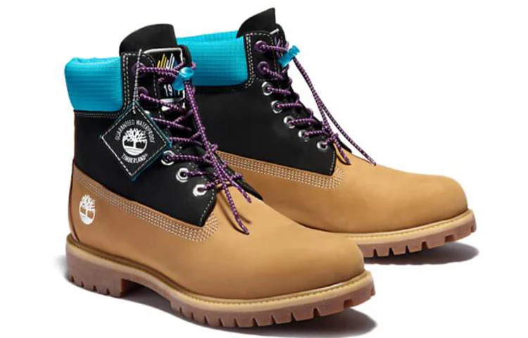 Timberland Premium 6 Inch Waterproof Boots Wheat Nubuck With Black And Blue Collar - Image 3