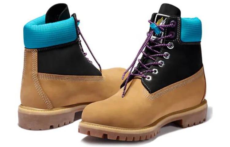 Timberland Premium 6 Inch Waterproof Boots Wheat Nubuck With Black And Blue Collar - Image 4